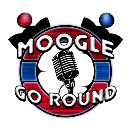 This image depicts a round emblem with a microphone in the middle. There are two Final Fantasy Moogles hiding behind the emblem with the text Moogle Go Round overlayed ontop.
